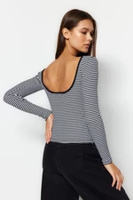 Trendyol Black And White Striped Decollete Fitted/Situated Ribbed Stretch Knit Blouse