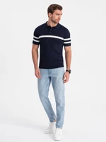 Ombre Men's soft knit polo shirt with contrasting stripes - navy blue