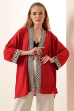 Veľký šíp 05866 Vyšívané Pletené Kimono - Červené