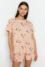 Trendyol Salmon 100% Cotton Teddy Bear Patterned T-shirt-Shorts Knitted Pajamas Set