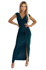 Shimmering dress with short sleeves, neckline and slit on the Numoco legs