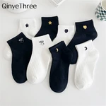 New Embroidery Glitter Cute Love Heart Moon Star Smile Face White Black Socks Soft Cotton Short Ankle Sokken Dropship