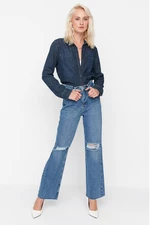 Trendyol Dark Blue Ripped Detailed High Waist 90's Wide Leg Jeans.