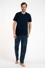 Men's pyjamas Ruben, short sleeves, long trousers - navy blue/print