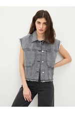 LC Waikiki Women's Rodeo Jean Vest with a Shirt Collar Plain, Pocket Detailed.