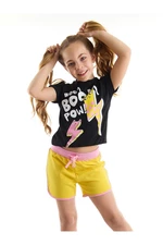 Mushi Boom Girls' Crop Top Black T-shirt and Yellow Shorts Set