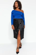 Trendyol Curve Black Slit and Tie Detail Satin Woven Skirt