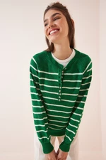 Happiness İstanbul Women's Green Buttoned Collar Knitwear Sweater