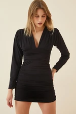 Happiness İstanbul Women's Black Deep V-Neck Pleated Mini Jersey Dress