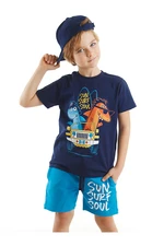 Denokids Shark Surf Boys Children's Navy Blue T-shirt with Blue Shorts Summer Suit.