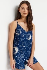 Trendyol Indigo Galaxy vzorované viskózové tkané pyžamo s provázkovými ramínky