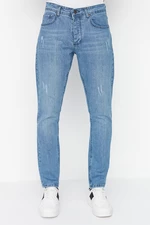 Trendyol světle modré pružné látkové slim fit džíny s roztrhaným vzhledem