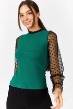 armonika Women's Green Corduroy Knitwear Sweater With Tulle Sleeves And Collar