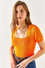 Olalook Women's Orange Short Sleeve Corduroy Knitwear Blouse with Openwork