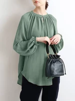 Women Korean Solid Puff Sleeve Button Down Front High Low Hem Casual Blouse