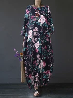 Vintage Floral Print Cotton Loose Maxi Dress with Side Pockets