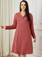 Plus Size V-neck Zip Front Long Sleeves Dress