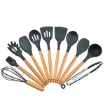 12 Pcs Tableware Set Silicone Wooden Handle Flatware Spoon Tongs Whisk Brush with Storage Box Outdoor Camping Cooking