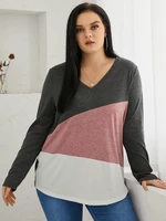 Plus Size V-neck Color Block Knit Patchwork Long Sleeves Tee