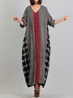 Women Long Sleeve O-neck Casual Plaid Maxi Dress