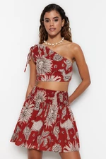 Trendyol Ethnic Patterned Woven Pleated One-Shoulder Blouse and Skirt Set