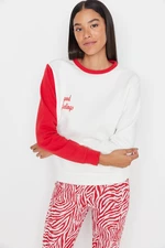 Trendyol Ecru Color Block Embroidery Basic Thin Fleece Knitted Sweatshirt