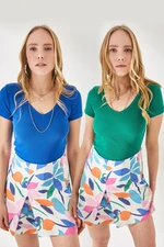 Olalook Women's Sax-Blue Green V-Neck Short Sleeved 2-pack Blouse