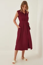 Happiness İstanbul Women's Claret Red Belted Linen Viscose Summer Shirt Dress