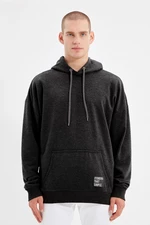 Trendyol Men's Basic Smoky Oversize/Wide-Fit Hooded Labeled Fleece Inner Cotton Sweatshirt