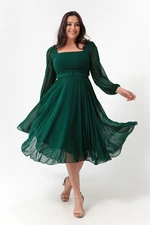 Lafaba Women's Emerald Green Square Neckline With Belt Midi Chiffon Plus Size Evening Dress.