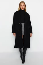 Trendyol Black Oversize Wide Cut Gold Button Detailní dlouhý razítkovaný kabát