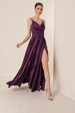 By Saygı Lined and Draped Long Satin Dress with Beading Guipure Details with Rope Straps