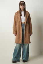 Happiness İstanbul Women's Camel Double Breasted Collar Pocket Boucle Coat Happiness İstanbul Women's Camel Double Breasted Collar Pocket Boucle Coat