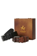 ALTINYILDIZ CLASSICS Men's Black-Brown Jeans Belt Set of 2 with Special Wooden Gift Box Groom's Pack