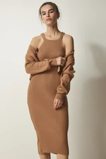 Happiness İstanbul Women's Biscuit Cardigan Dress Knitwear Suit