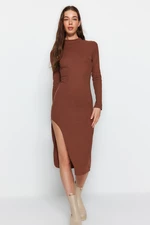 Trendyol Brown Ribbed Deep Slit Detailed Fitted Midi Stretchy Knitted Dress