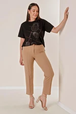 By Saygı Crepe Patterned Slim Leg Plus Size Trousers.