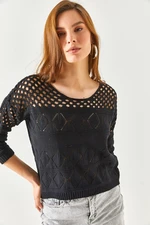 Olalook Women's Black Geometric Patterned Cotton Knitwear Blouse with Openwork