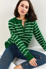 Bianco Lucci Women's Button-down Collar Turtleneck Striped Knitwear Sweater