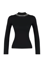 Trendyol Black Necklace Accessory Stand Collar Corduroy Fitted Long Sleeve Knitted Blouse