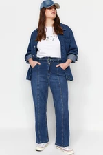 Trendyol Curve Blue High Waist Straight Fit Jeans with Belt Stitching Detail
