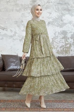 InStyle Dena Leaf Patterned Chiffon Hijab Dress - Khaki