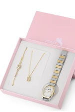 Polo Air Vintage Women's Wristwatch with Zircon Stone Baguette Necklace Bracelet Special Combination Set Silver-Yellow Color