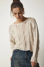 Happiness İstanbul Women's Cream Openwork Ripped Detailed Crop Knitwear Sweater