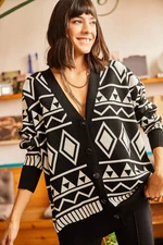 Olalook Women's Black Ethnic Print Oversized Knitwear Cardigan