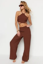 Trendyol Brown Woven Tie Blouse and Pants Suit