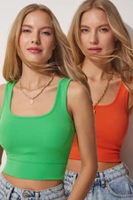 Happiness İstanbul Women's Green Orange Square Collar Halter Corduroy Crop Top