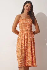 Happiness İstanbul Women's Orange Viscose Floral Summer Dress with Straps