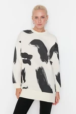 Trendyol White Patterned Crewneck Scuba Knitted Sweatshirt