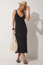 Happiness İstanbul Women's Black Strapless Summer Sweater Dress with Openwork